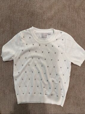 Women’s White Short-Sleeve Embellished Diamond Knit Top